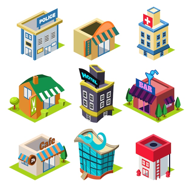 Set of the Isometric City Buildings and Shops