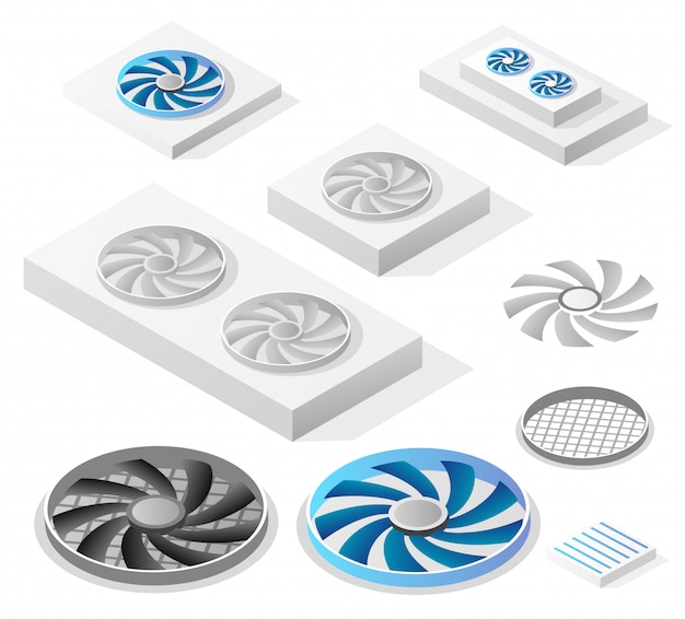 A set of isometric computer fans