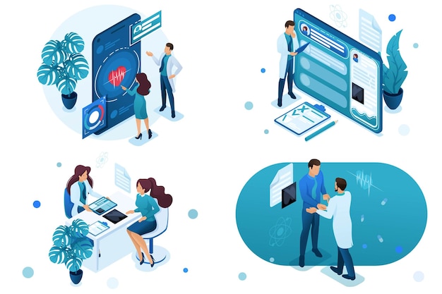 Set of isometric concepts digital health electronic card consultation patient For web design