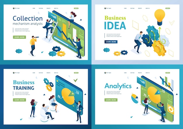 Set of isometric concepts graphs and charts business ideas analytics business training for landing page concepts and web design