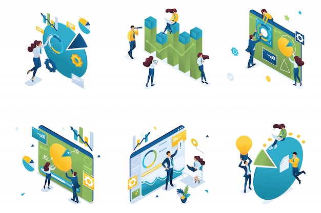 Set of isometric concepts on the theme data analysis and chart for research.