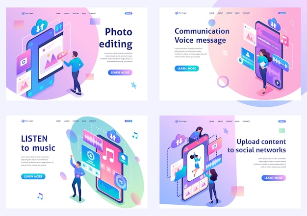 Vector set of isometric conceptsupload content photo editing listen to music voice message for landing page concepts and web design