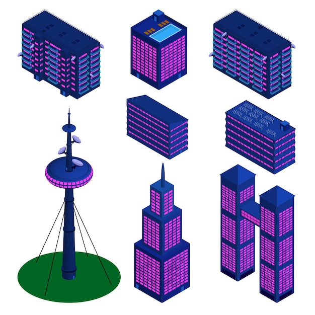 Vector set of isometric detailed buildings in modern palette isolated on white. tv tower, skyscrapers and residential buildings. vector eps10.