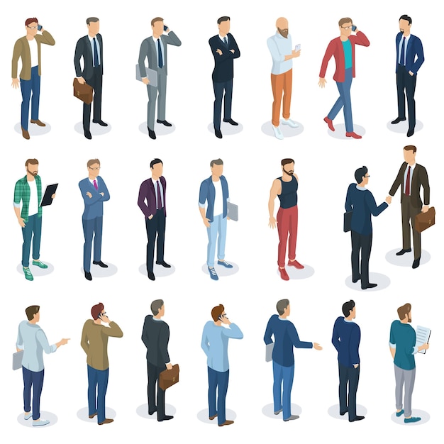 Set of isometric  flat design  standing men different characters, styles and professions. Front and back view, various characters, professions, poses and styles.  mock up element set.