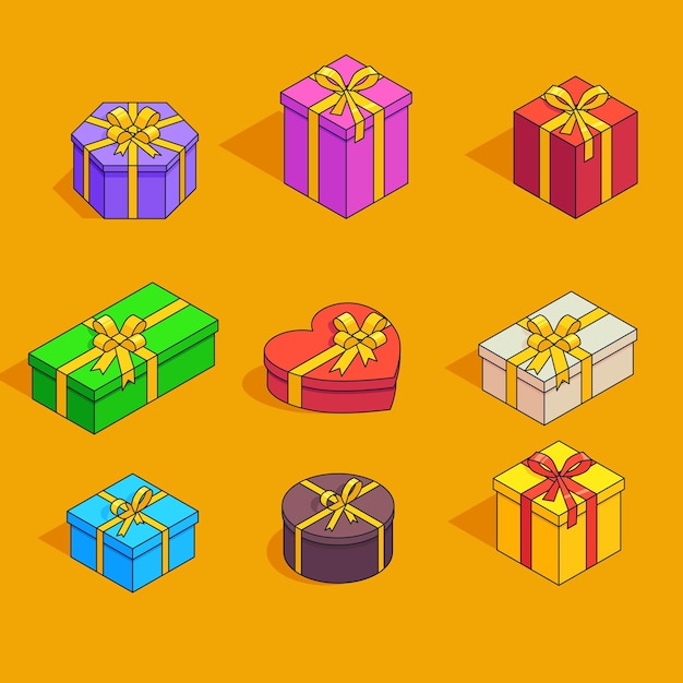 A set of isometric gift boxes in different colors and shapes