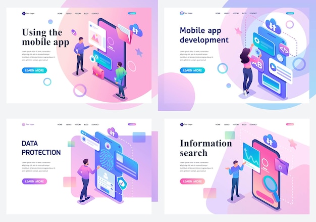 Set isometric landing pages a concept with young teenagers information search and protection mobile application development For website and mobile apps development