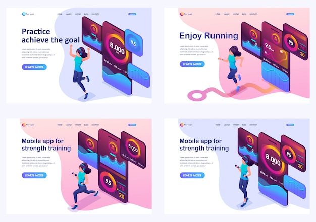 Set isometric landing pages girl's workout concepts uses a mobile app to track your workouts mobile application for sports training