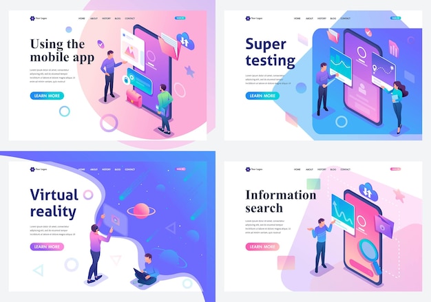 Vector set isometric landing pages with young teenagers working on a tablet and on a mobile phone screen