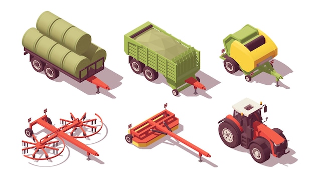 Set of isometric low poly tractors with hay harvest equipment vector illustrator