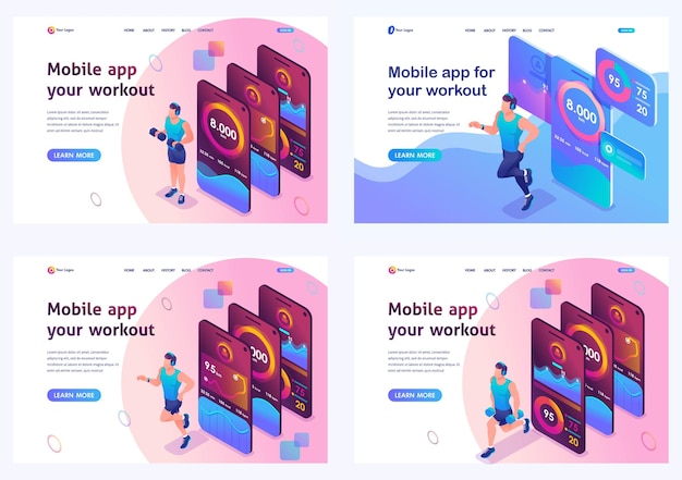 Vector set isometric male workout uses a mobile app to track your workouts for website