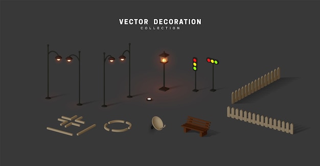 Set of isometric objects, street lamps on poles shine, traffic lights, fence and bench vector illustration