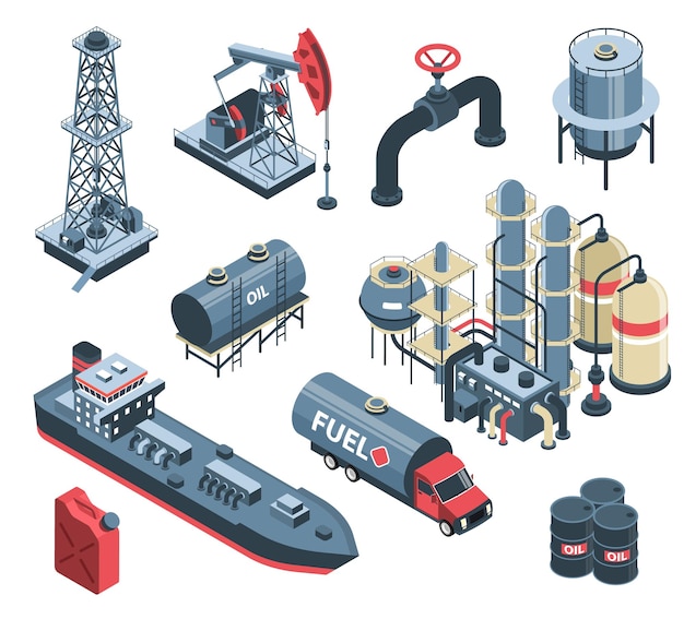 Комплект изометрической нефтяной нефтяной промышленности с изолированными изображениями заводских сооружений и векторной иллюстрацией единиц хранения