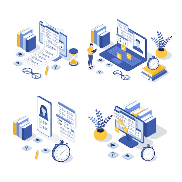 Set of isometric online education illustration