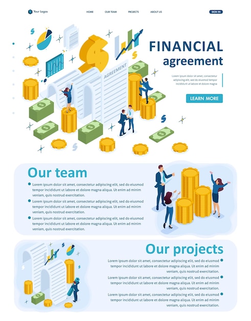 Vector set isometric website template landing page app concept of creating a financial agreement partners conclude an agreement