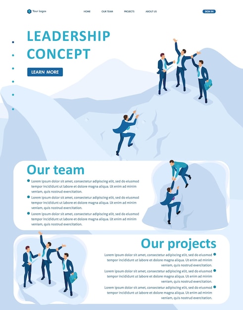 Set Isometric Website Template Landing page app goal achievement concept with your team leadership