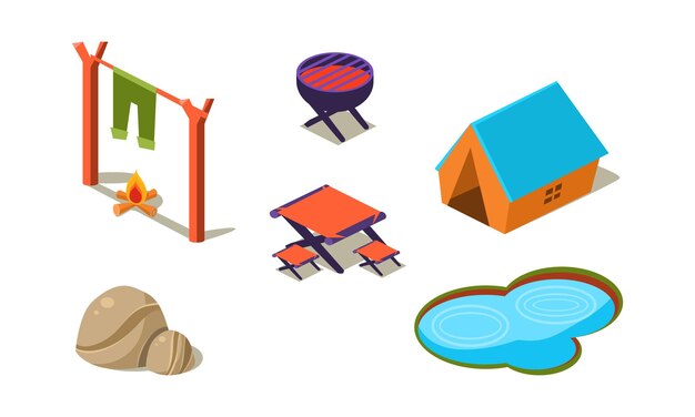 Set isometrische iconen voor camping Tent meertje stenen tafel en stoelen grill en kampvuur Actieve zomerrecreatie Kleurrijke vectorillustraties in vlakke stijl geïsoleerd op witte achtergrond