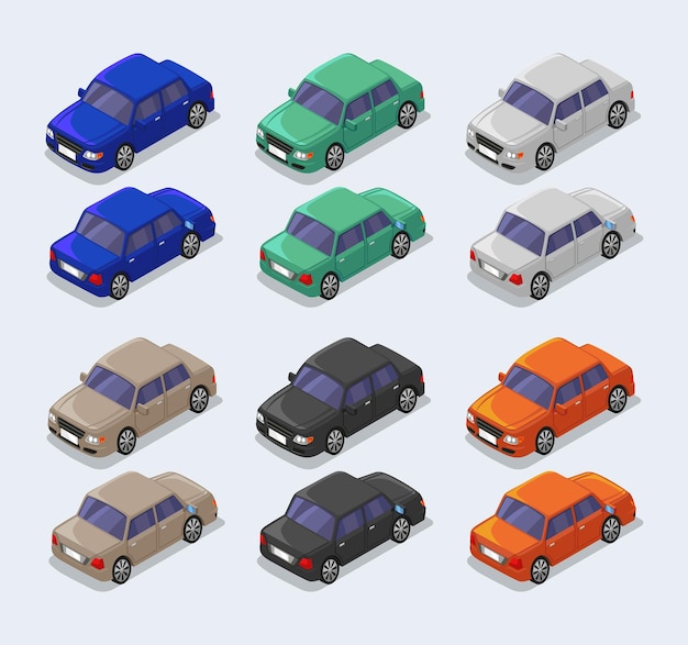 Vector set isometrische sedanauto met sommige kleuren blauw groen lichtgrijs lichtbruin zwart oranje