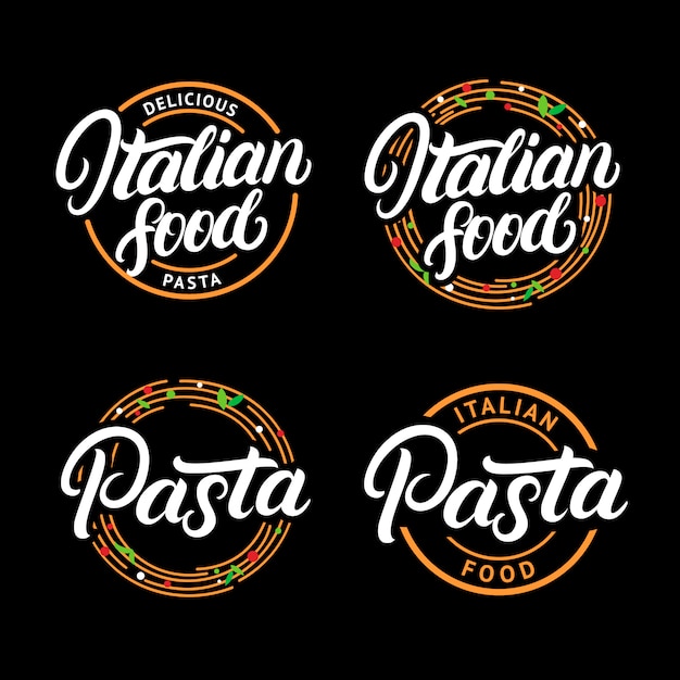 Vettore set di cibo italiano e pasta scritta a mano lettering logo