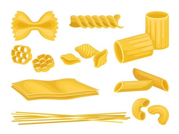 Set of italian pasta of different shapes. uncooked macaroni. food product