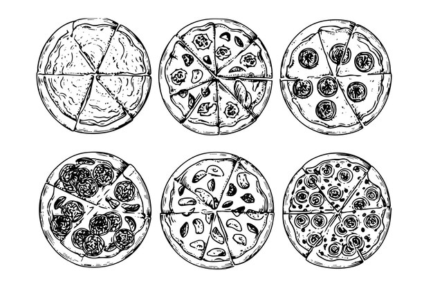 Vector set of italian pizza sketch hand drawn engraving style vector illustration pack