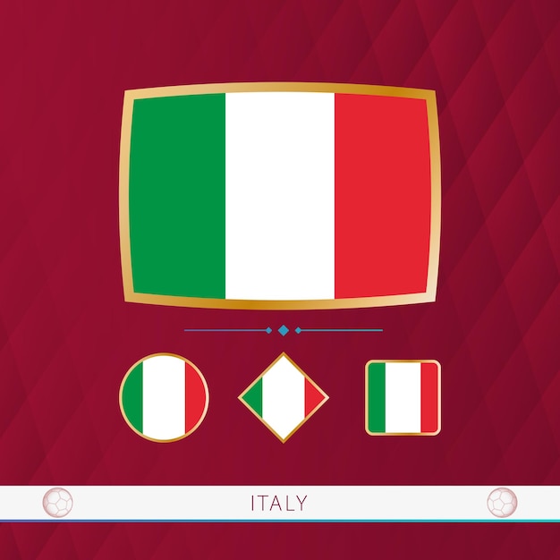 Set of Italy flags with gold frame for use at sporting events on a burgundy abstract background