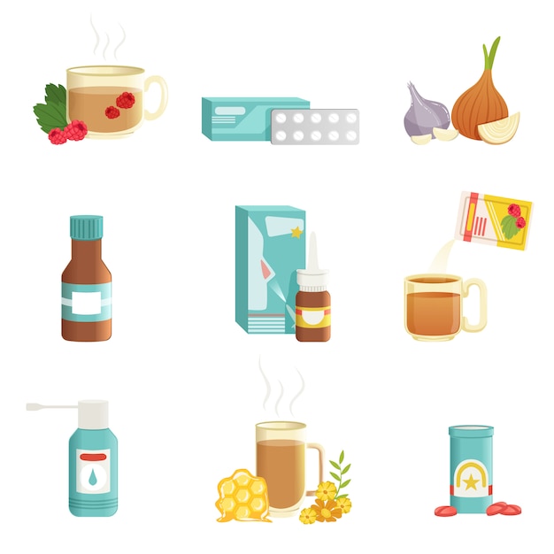 Vector set of items alternative and traditional treatments.