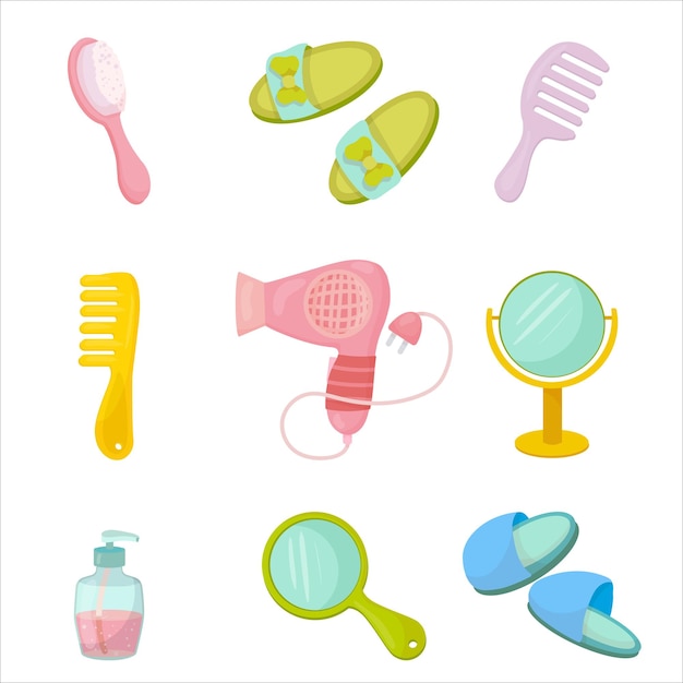 A set of items for the bathroom Bath towel cosmetics for skin care and personal hygiene Detergents Vector illustration on a white background