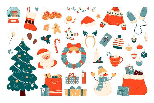 Vector set of items for christmas celebration flat vector illustration isolated on white background