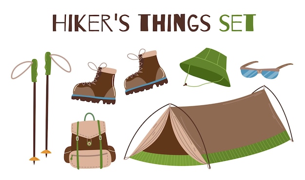 Set of items and clothes for a trip camping tent backpack hat boots Vector illustration isolated