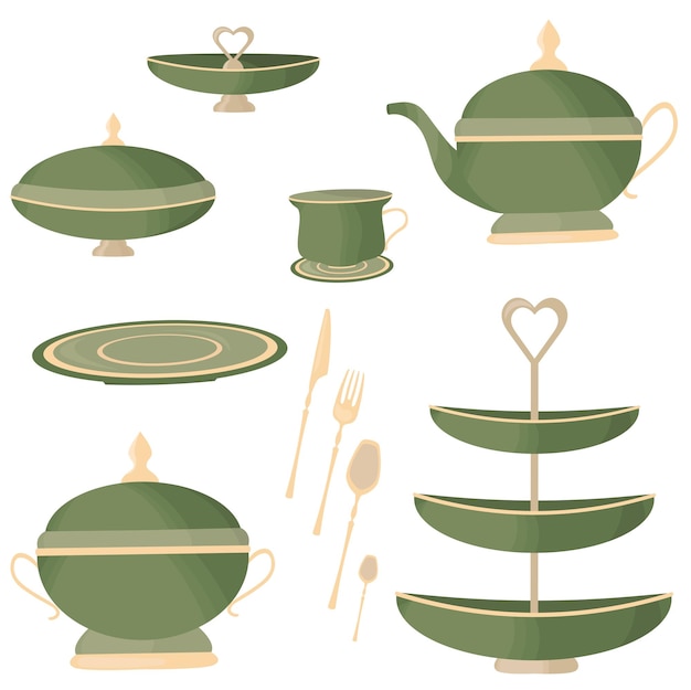 Set of items of dinner service dishes