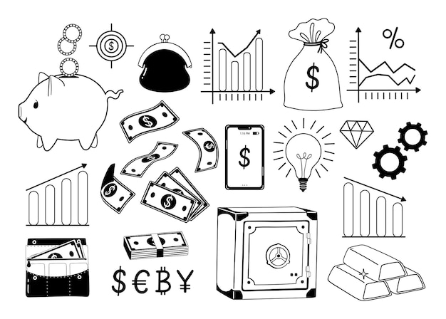 Set of items and elements related to money and banking