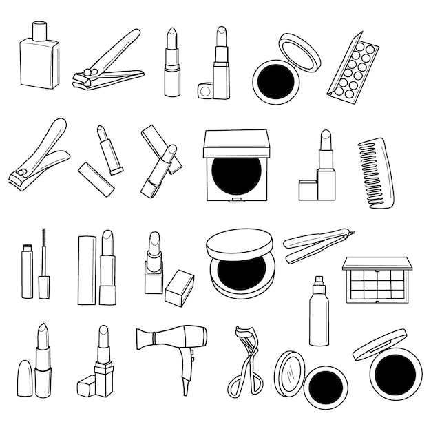 A set of items for hair care including a comb, a comb, a comb, and a bottle of makeup.