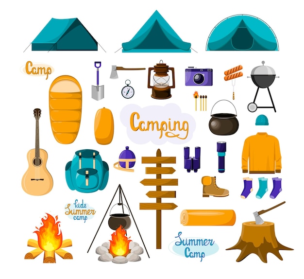 Vector a set of items for a hike cartoon style