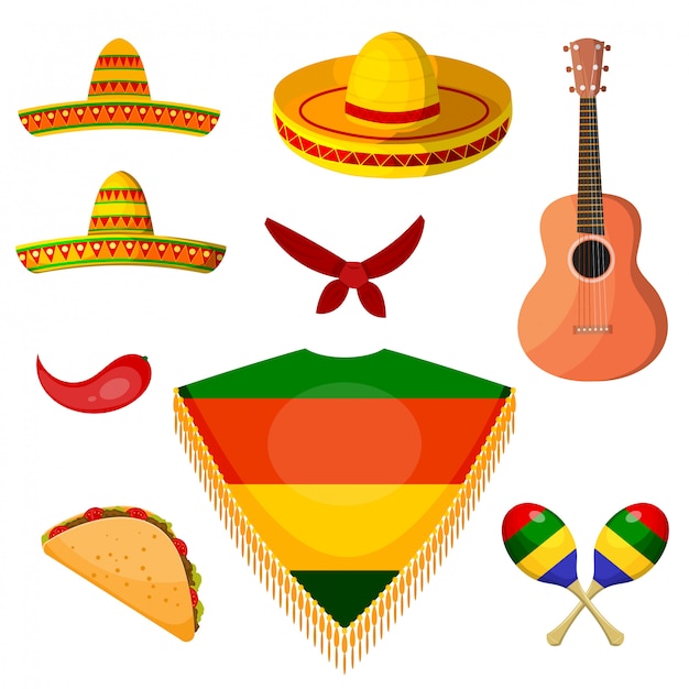 Set items in de nationale stijl van een mexicaanse muzikant.