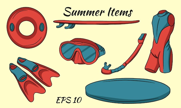 A set of items necessary for water sports. cartoon style.