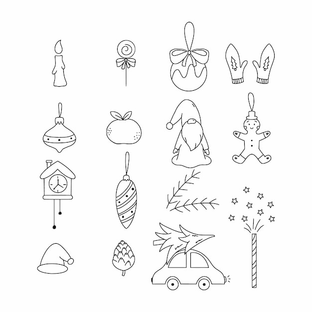 Set items New Year. Doodle style illustration. Christmas ball, gingerbread man and gnome.