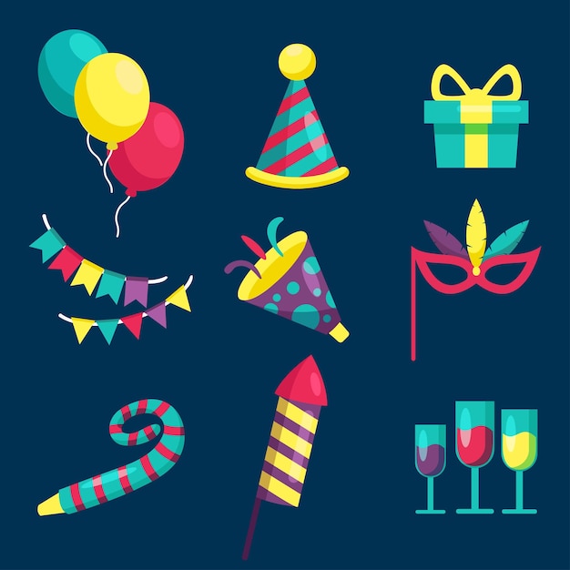 set of items in party celebration with balloon party hat flag beverage in cartoon graphic design for banner sticker advertising party theme vector illustration