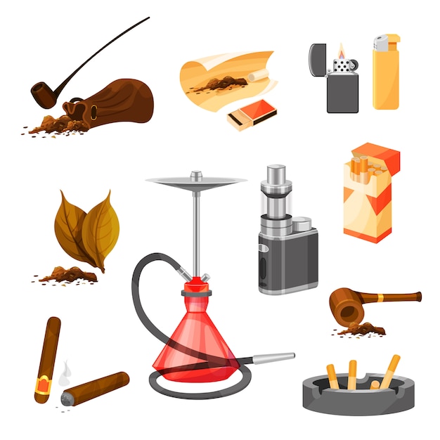   set of items related to smoking theme. Tobacco and pipes, cigars, hookah and vape, lighters and pack of cigarettes