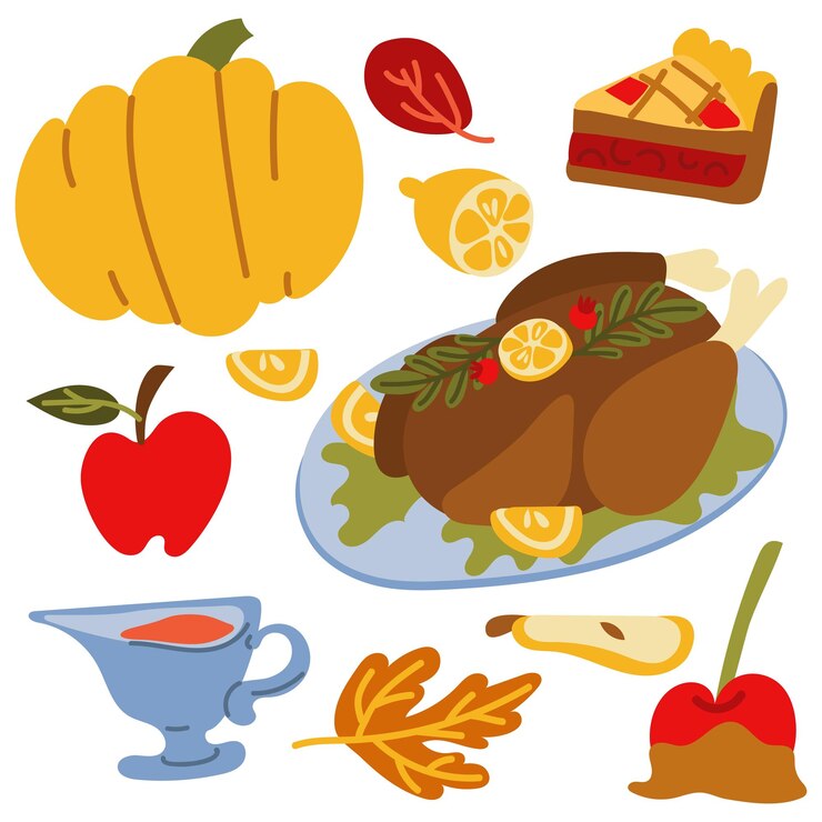Vector set of items for a thanksgiving table vector set of autumn elements with roast turkey pumpkin food