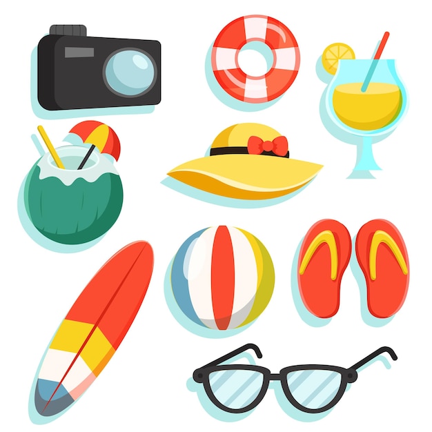 Set of items for traveling in summer holiday concept with drawing cartoon style flat vector illustration