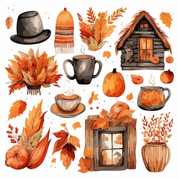 Set items watercolor fall decoration