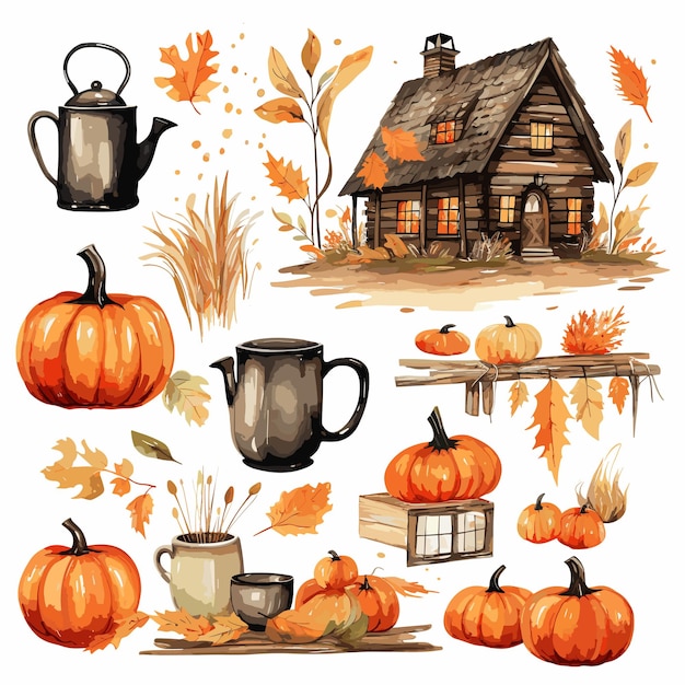 Set items watercolor fall decoration