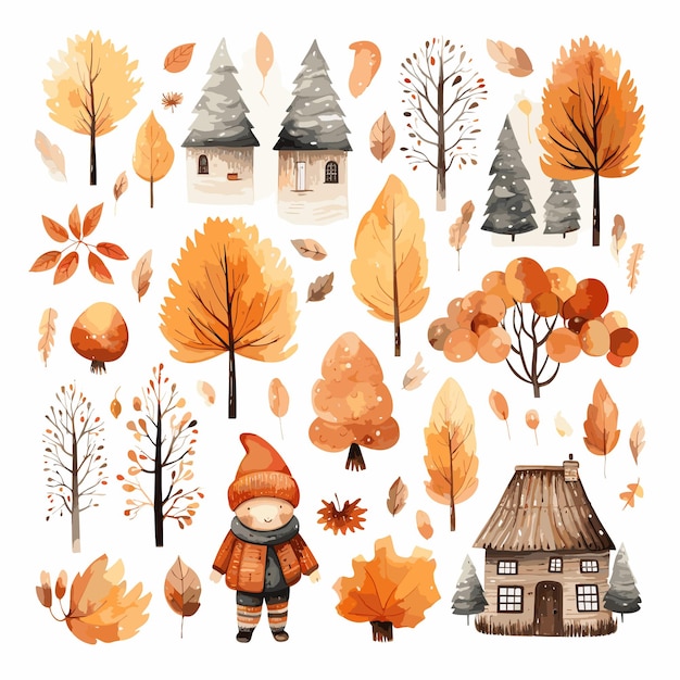 Vector set items watercolor fall decoration