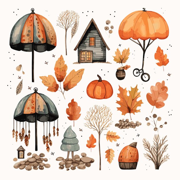 Vector set items watercolor fall decoration