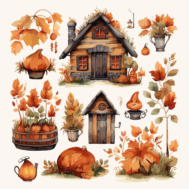 Vector set items watercolor fall decoration