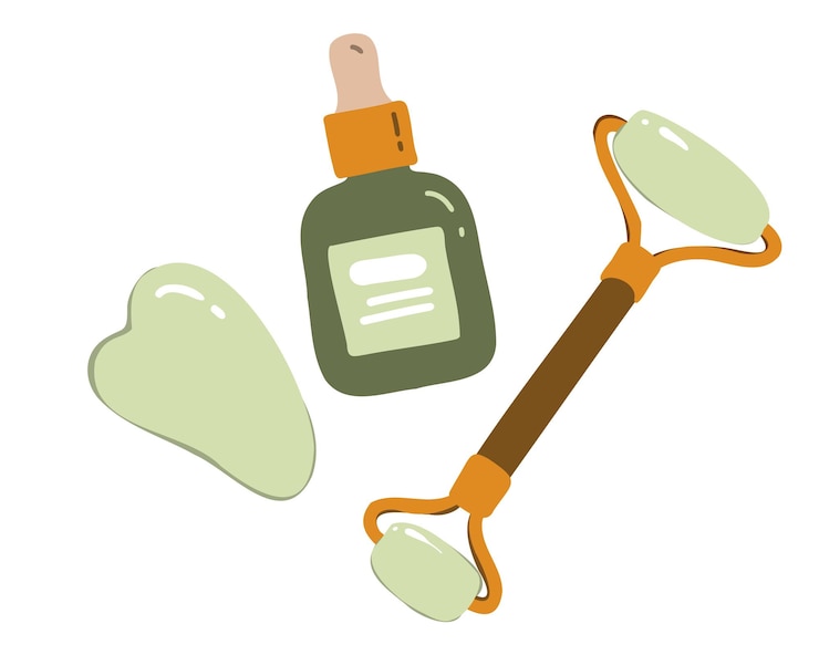Vector set jade massage roller, gouache scraper and facial serum. skin care products. personal care.