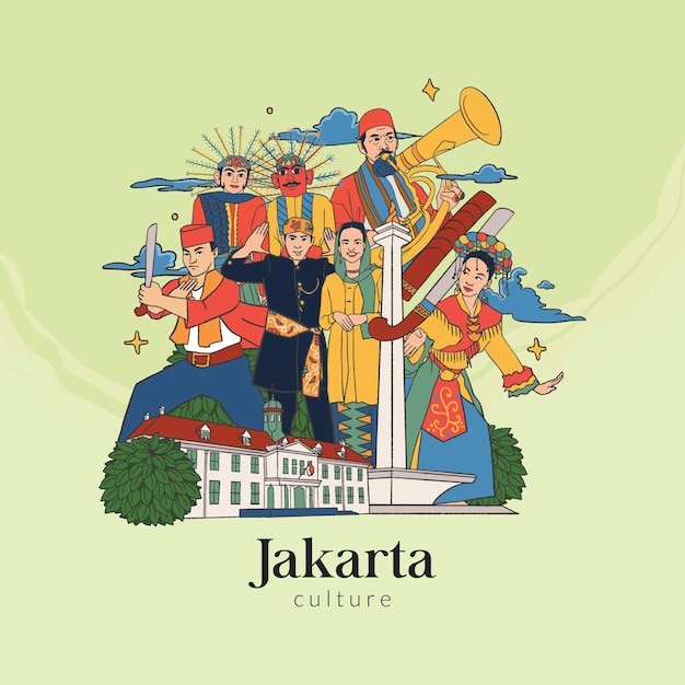 Vector set jakarta illustration. hand drawn indonesian cultures background