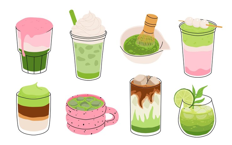 Set of Japan matcha cocktails Collection of matcha drinks with latte frappuccino mojito lemonade and coffee tonic Green iced matcha latte in various cups Flat cartoon vector illustration