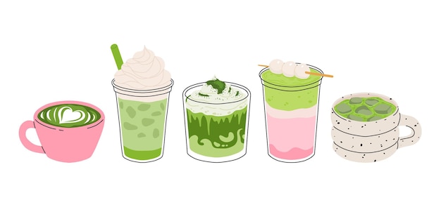Set of Japan matcha latte Collection of matcha drinks with latte art heart leaf bear cat Green iced matcha latte in various cups Vector Illustration flat cartoon Icons