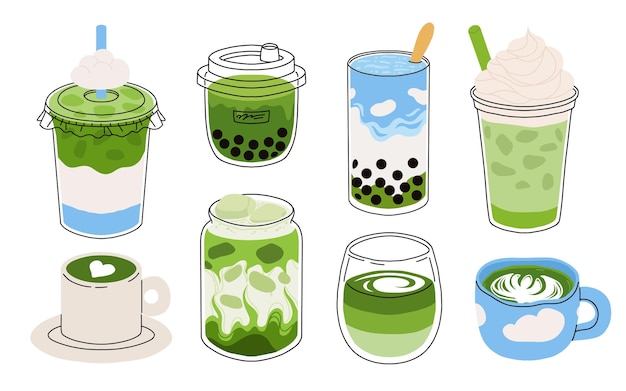 Set of Japan matcha latte Collection of matcha drinks with latte art heart leaf bear rabbit Green iced matcha latte in various cups Vector Illustration flat cartoon Icons